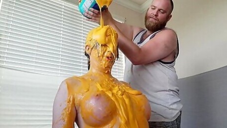 Bound Transgirl Gets Wet And Messy Nacho Cheese Sploshing Bath From Big Gay Bear Dom Randy Furlong