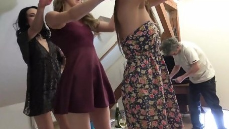 Summer Dress Strip and Dance Party with Three Amateur College Girls Invited for a Naked Try on Haul for a Fake Shooting