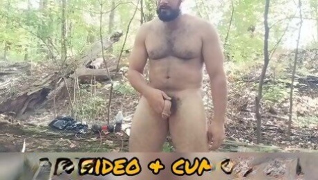 Hot Hairy Bodybuilder Muscle Daddy Jerking Off in the Forest